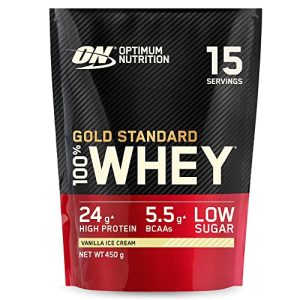 Optimum Nutrition Gold Standard 100% Whey, Proteína en Polvo para Recuperacíon y Desarrollo Muscular con Glutamina Natural y Aminoácidos BCAA, Sabor Helado de Vainilla, 15 Dosis, 450 g