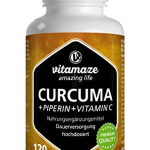 Curcuma en Capsulas 1440 mg + Curcumina Piperina y Vitamina C de Alta Dosis, 120 Cápsulas Veganas, 95% Natural Extracto de Pura Curcumina, Suplemento sin Aditivos Innecesarios. Vitamaze®