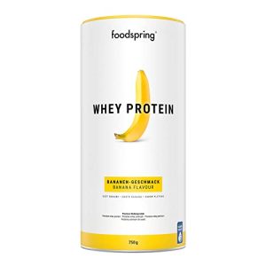 foodspring Whey Proteína Polvo Banana – 24g de proteína para construcción muscular, perfectamente soluble, leche de libre pastoreo, rica en BCAAs y EAAs – 750g